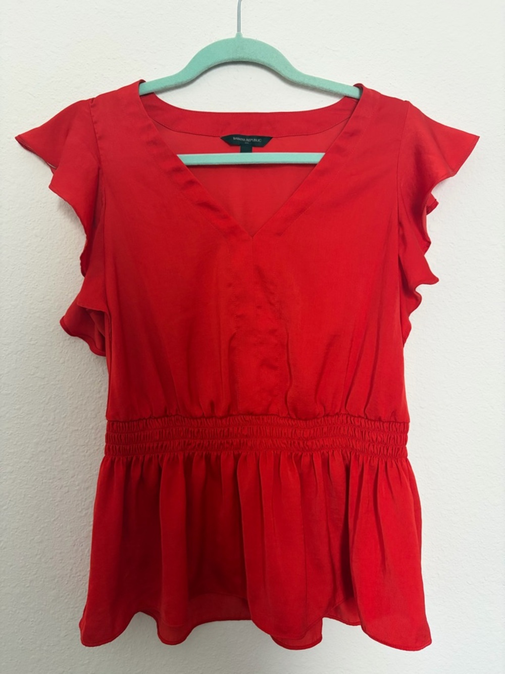 Banana Republic Scarlett Orange Red V-Neck Flutter Sleeve Peplum Top